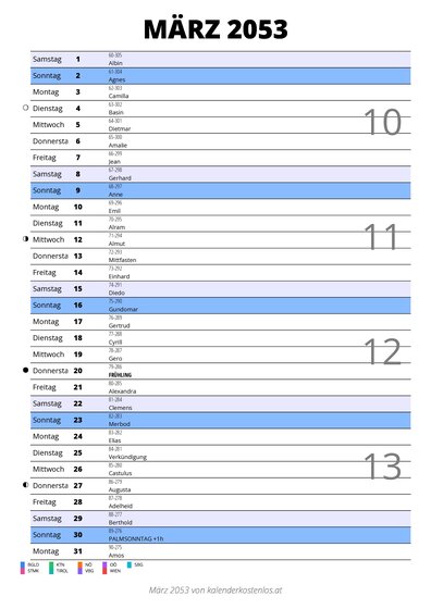 Kalender März 2053 im Hochformat mit Notizbereich