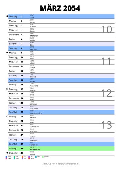 Kalender März 2054 im Hochformat mit Notizbereich