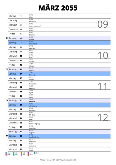 Kalender März 2055 im Hochformat mit Notizbereich