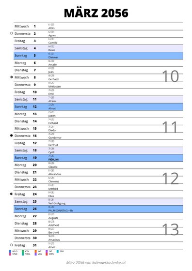 Kalender März 2056 im Hochformat mit Notizbereich