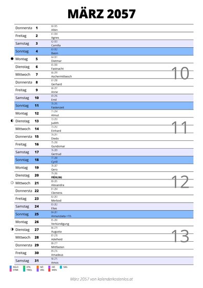 Kalender März 2057 im Hochformat mit Notizbereich