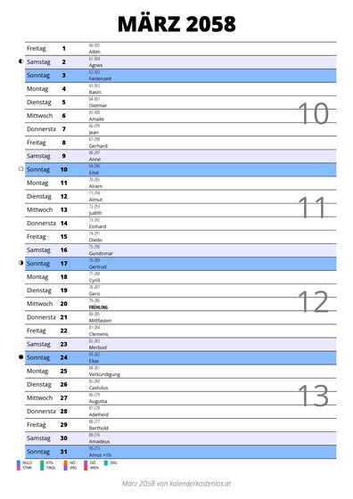 Kalender März 2058 im Hochformat mit Notizbereich