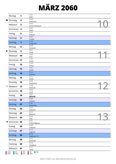 Kalender März 2060 im Hochformat mit Notizbereich