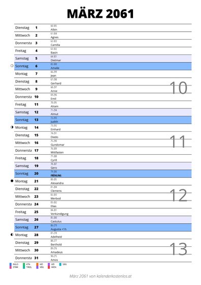 Kalender März 2061 im Hochformat mit Notizbereich