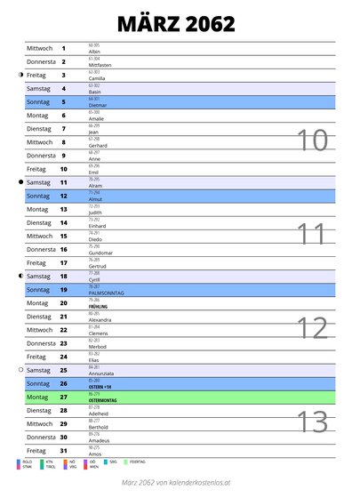 Kalender März 2062 im Hochformat mit Notizbereich