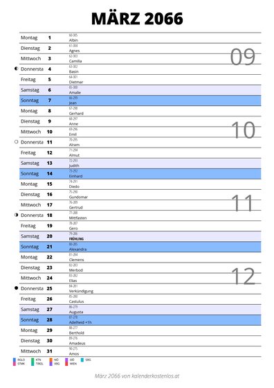 Kalender März 2066 im Hochformat mit Notizbereich