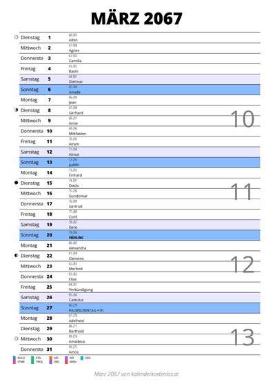 Kalender März 2067 im Hochformat mit Notizbereich