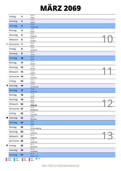 Kalender März 2069 im Hochformat mit Notizbereich