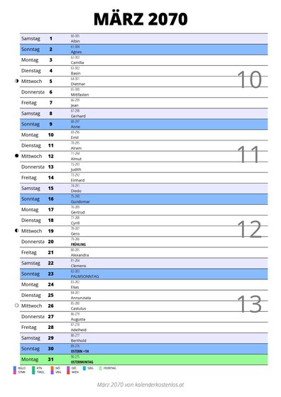 Kalender März 2070 im Hochformat mit Notizbereich