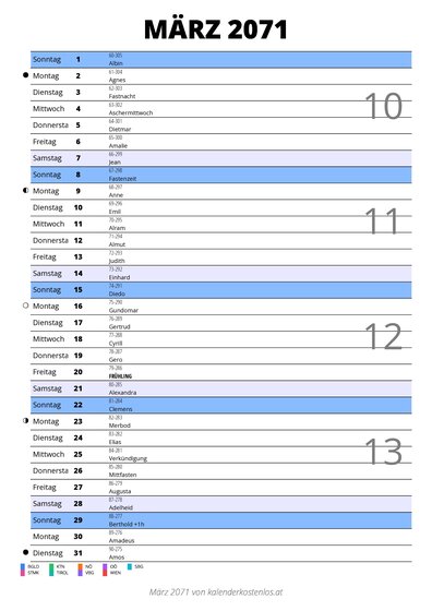 Kalender März 2071 im Hochformat mit Notizbereich