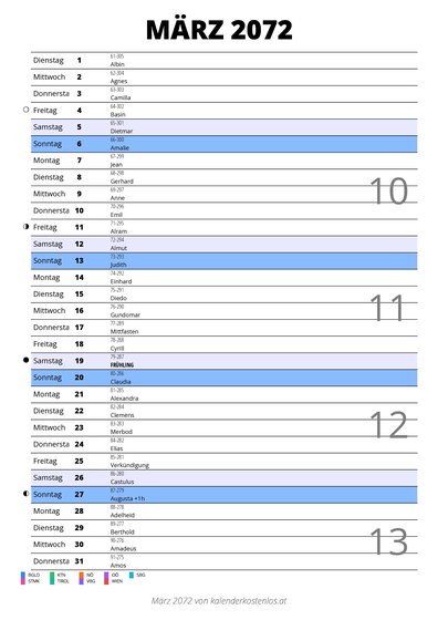 Kalender März 2072 im Hochformat mit Notizbereich