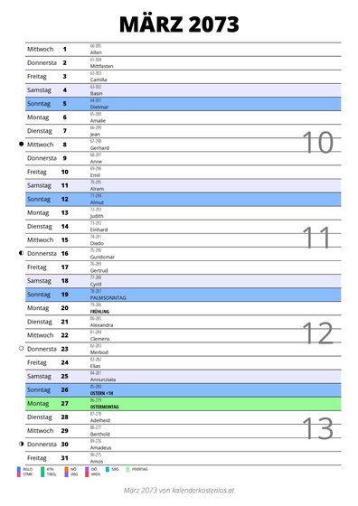 Kalender März 2073 im Hochformat mit Notizbereich