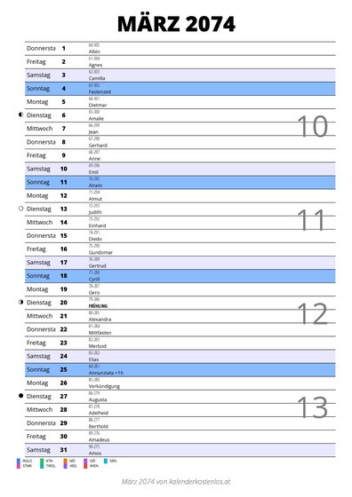 Kalender März 2074 im Hochformat mit Notizbereich