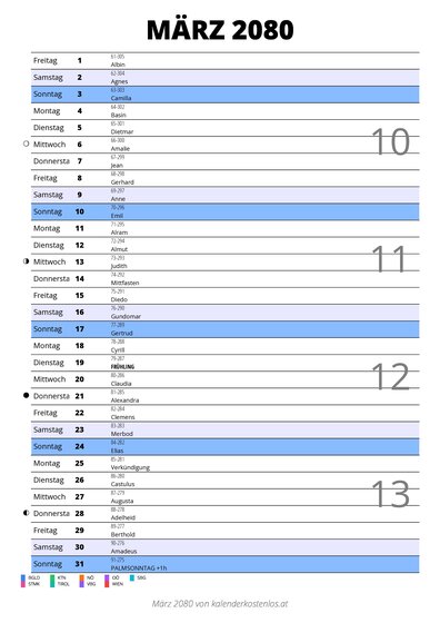 Kalender März 2080 im Hochformat mit Notizbereich