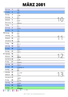 Kalender März 2081 im Hochformat mit Notizbereich