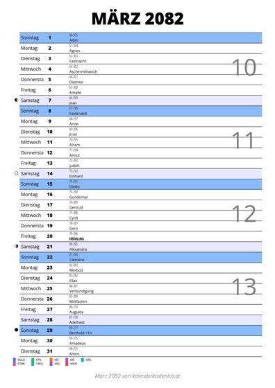 Kalender März 2082 im Hochformat mit Notizbereich