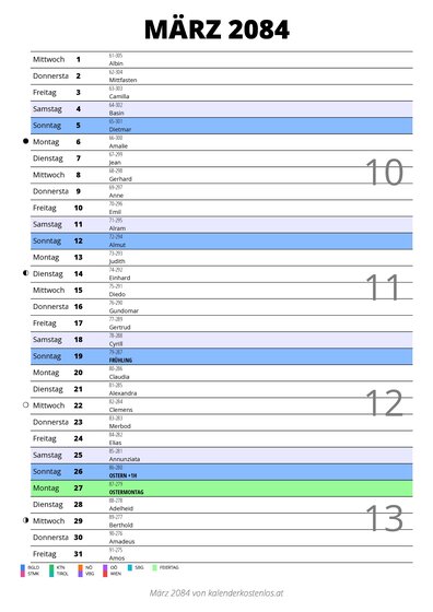 Kalender März 2084 im Hochformat mit Notizbereich