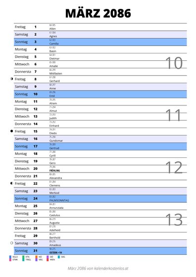 Kalender März 2086 im Hochformat mit Notizbereich