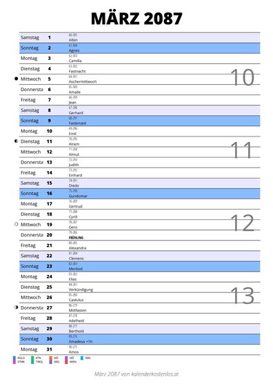 Kalender März 2087 im Hochformat mit Notizbereich