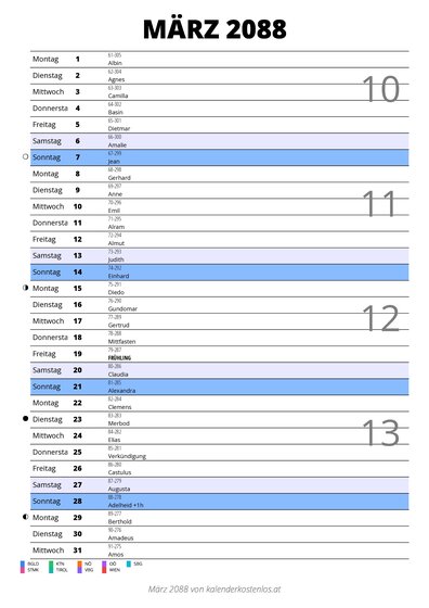 Kalender März 2088 im Hochformat mit Notizbereich