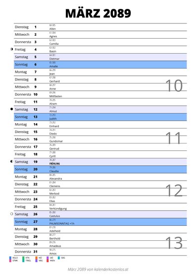 Kalender März 2089 im Hochformat mit Notizbereich