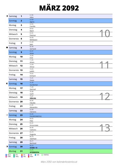 Kalender März 2092 im Hochformat mit Notizbereich