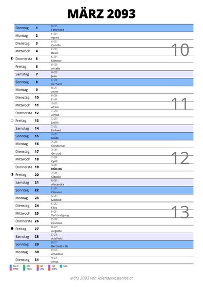 Kalender März 2093 im Hochformat mit Notizbereich