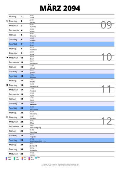 Kalender März 2094 im Hochformat mit Notizbereich