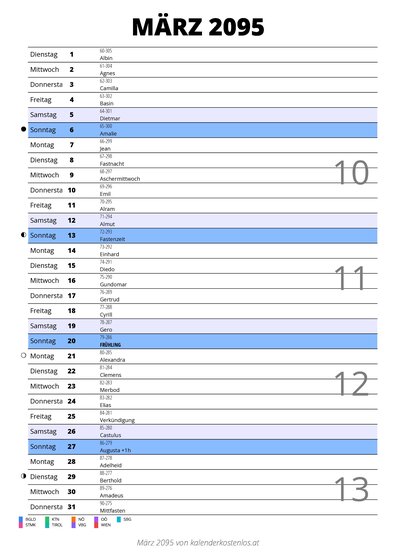 Kalender März 2095 im Hochformat mit Notizbereich