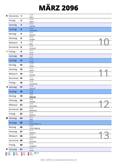 Kalender März 2096 im Hochformat mit Notizbereich