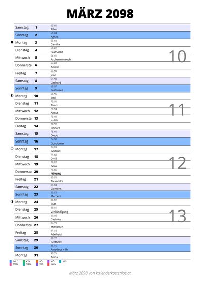 Kalender März 2098 im Hochformat mit Notizbereich