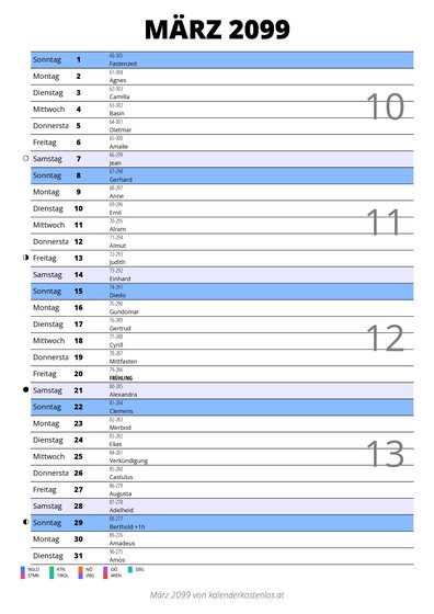 Kalender März 2099 im Hochformat mit Notizbereich