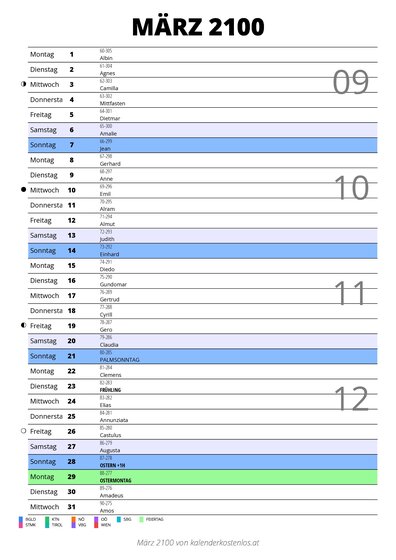 Kalender März 2100 im Hochformat mit Notizbereich