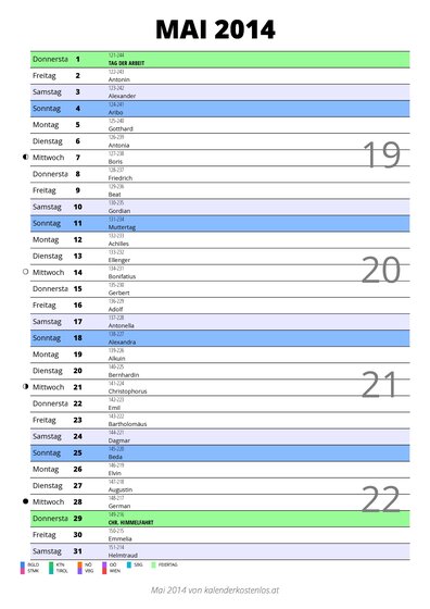 Kalender Mai 2014 im Hochformat mit Notizbereich