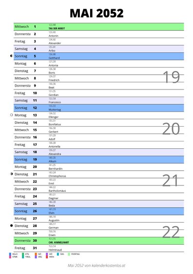 Kalender Mai 2052 im Hochformat mit Notizbereich