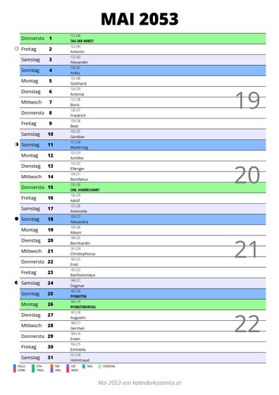 Kalender Mai 2053 im Hochformat mit Notizbereich