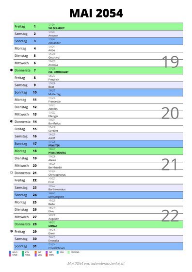 Kalender Mai 2054 im Hochformat mit Notizbereich