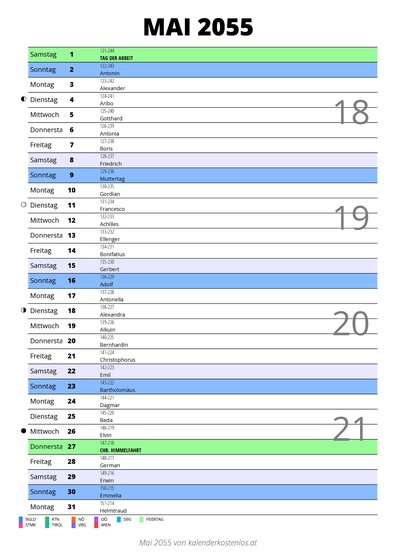 Kalender Mai 2055 im Hochformat mit Notizbereich