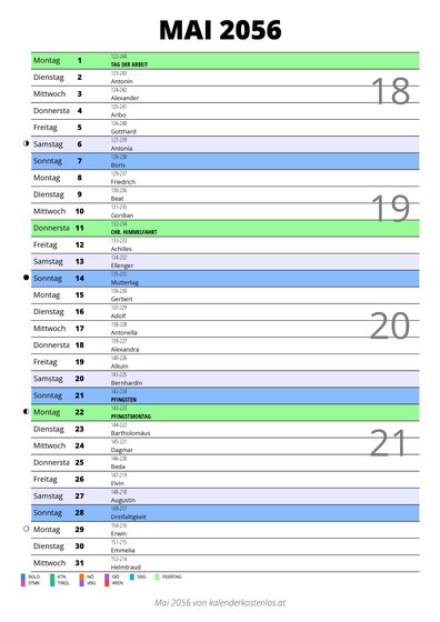 Kalender Mai 2056 im Hochformat mit Notizbereich