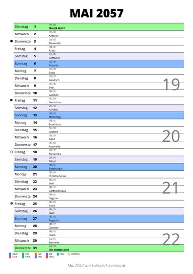 Kalender Mai 2057 im Hochformat mit Notizbereich