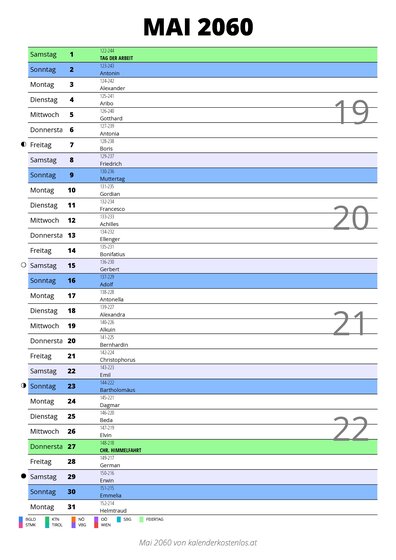 Kalender Mai 2060 im Hochformat mit Notizbereich