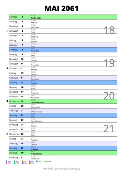 Kalender Mai 2061 im Hochformat mit Notizbereich