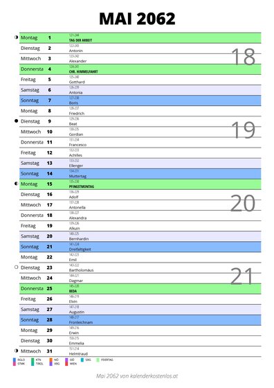 Kalender Mai 2062 im Hochformat mit Notizbereich