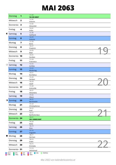 Kalender Mai 2063 im Hochformat mit Notizbereich