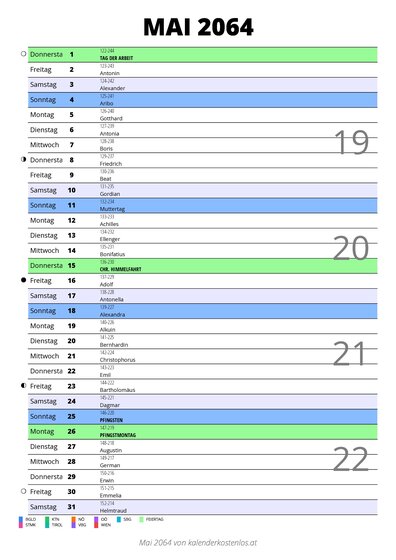 Kalender Mai 2064 im Hochformat mit Notizbereich