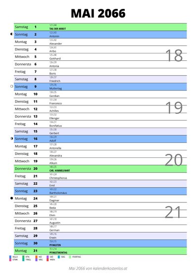 Kalender Mai 2066 im Hochformat mit Notizbereich