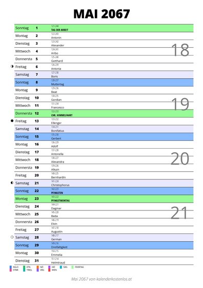 Kalender Mai 2067 im Hochformat mit Notizbereich