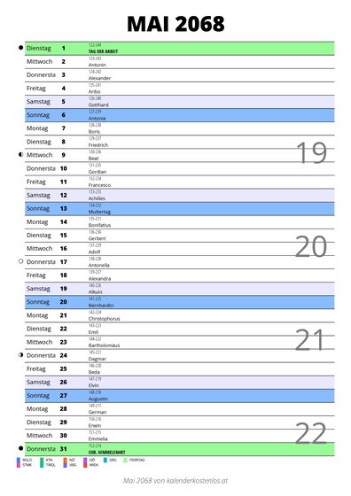Kalender Mai 2068 im Hochformat mit Notizbereich