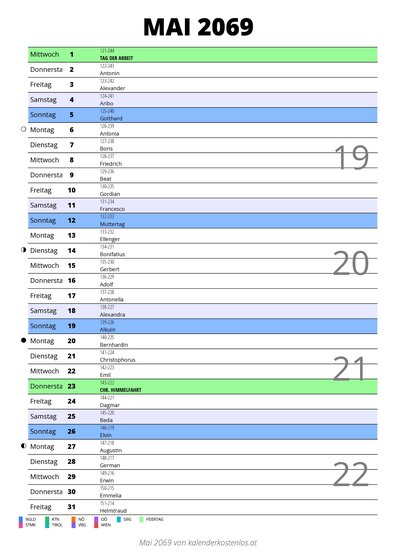 Kalender Mai 2069 im Hochformat mit Notizbereich