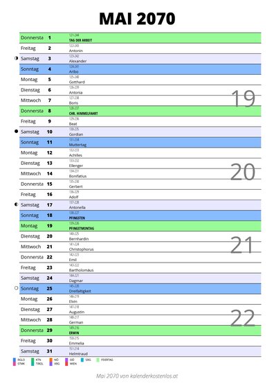 Kalender Mai 2070 im Hochformat mit Notizbereich